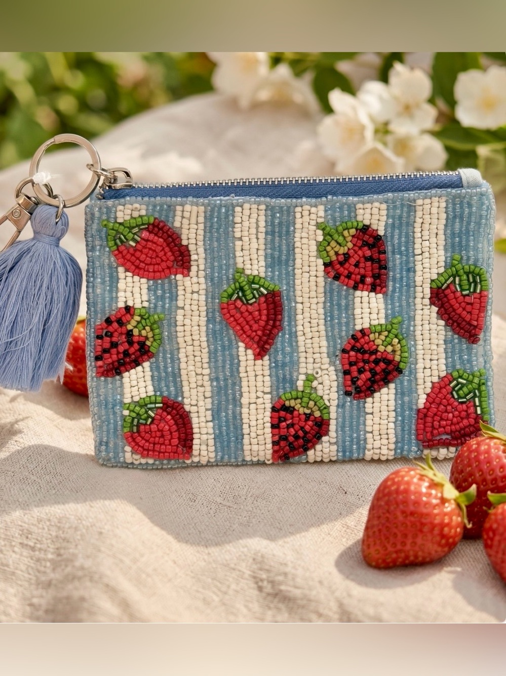 🍓 Viral Strawberry Beaded Pouch 🍓 Cute Aesthetic Striped Coin Purse • NWT